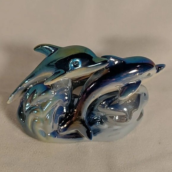 Vintage 3 Dolphin Figurine Sculpture Decor Iridescent Dolphins Waves Collectible - Picture 3 of 12